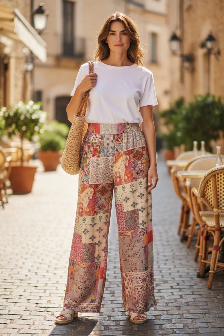 No Brand Name Women's Patchwork Print Wide Leg Pants